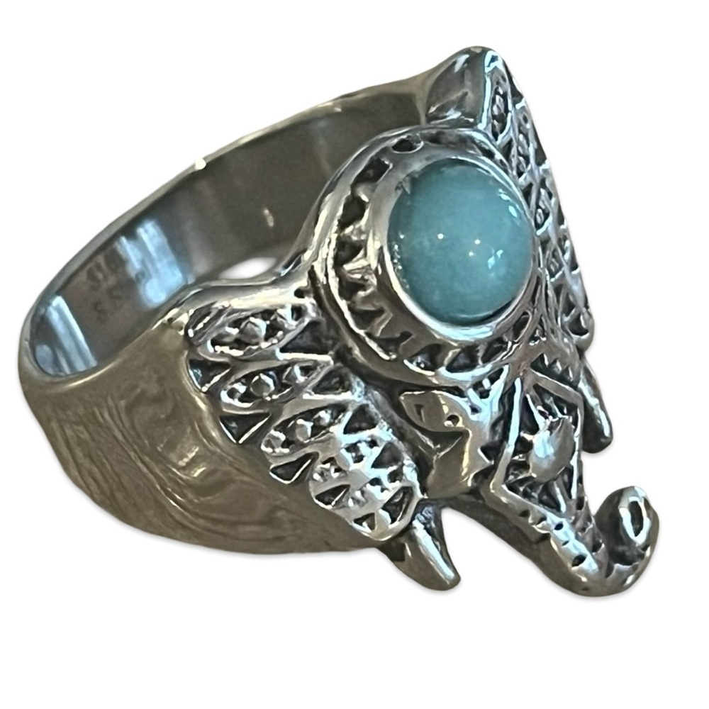 Silver atone Amazonite Cabuchon Elephant Head Ring Size 8